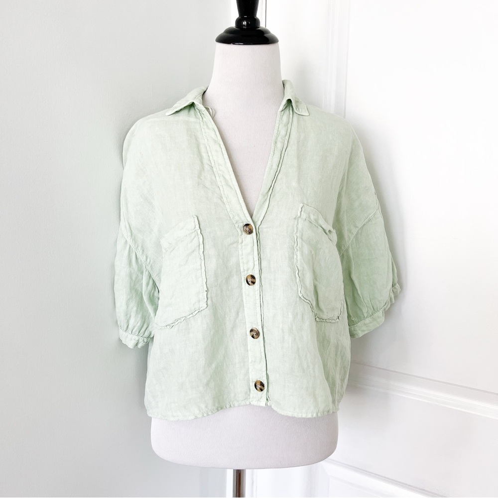 Zara Light Mint Green Linen Button-Down Shirt